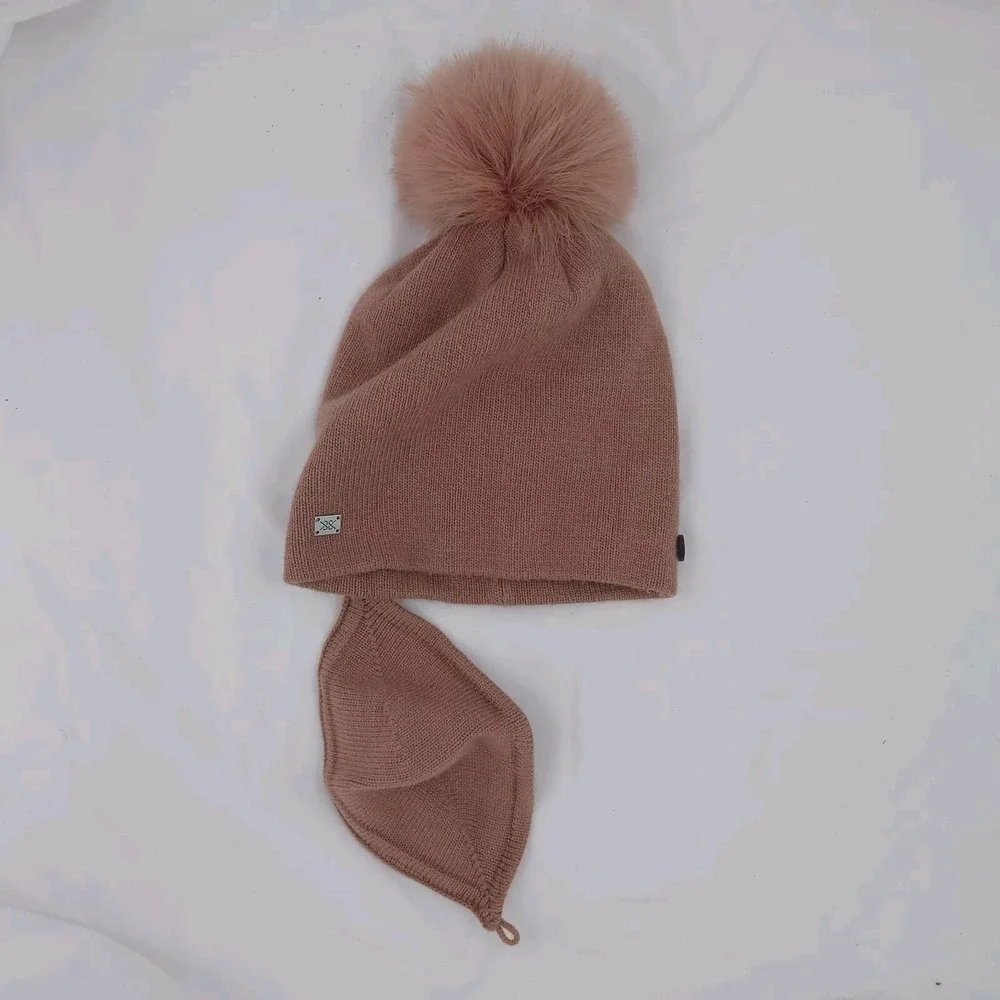 NWT Soia & Kyo Reva Knit Beanie & Mask Women Toffee Brown Wool Blend Pom Pom